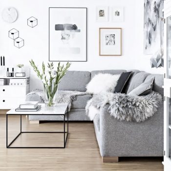 White Marble and Black Metal Contemporary Square Coffee Table in modern living room.