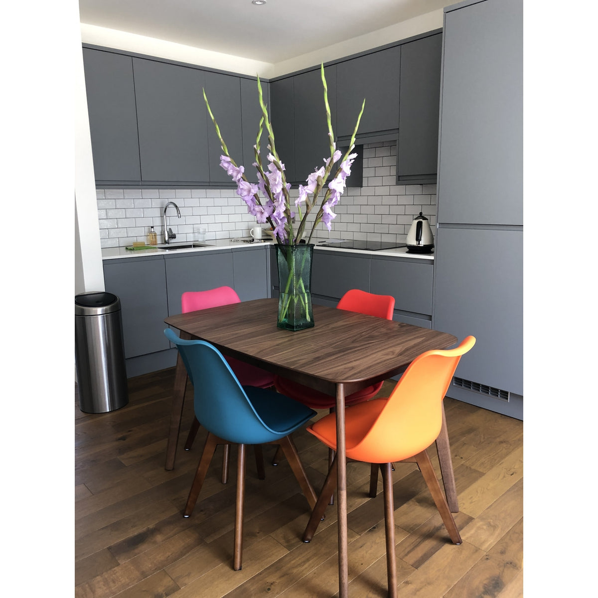 Soho White and Aubergine Purple Plastic Dining Chair with Squared Dark Wood Legs