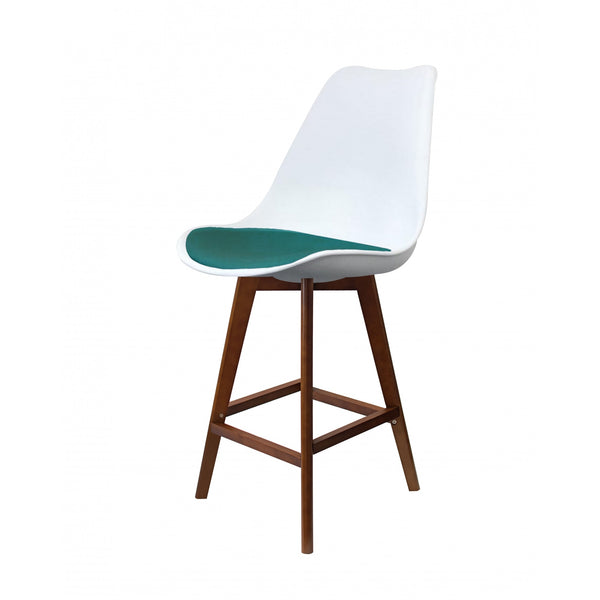 Soho White and Teal Plastic Bar Stool with Dark Wood Legs