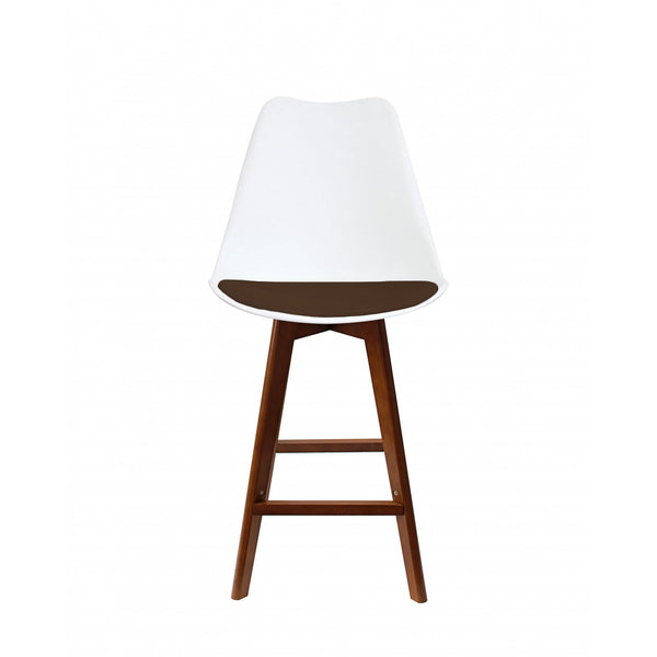 Soho White and Chocolate Brown Plastic Bar Stool with Dark Wood Legs