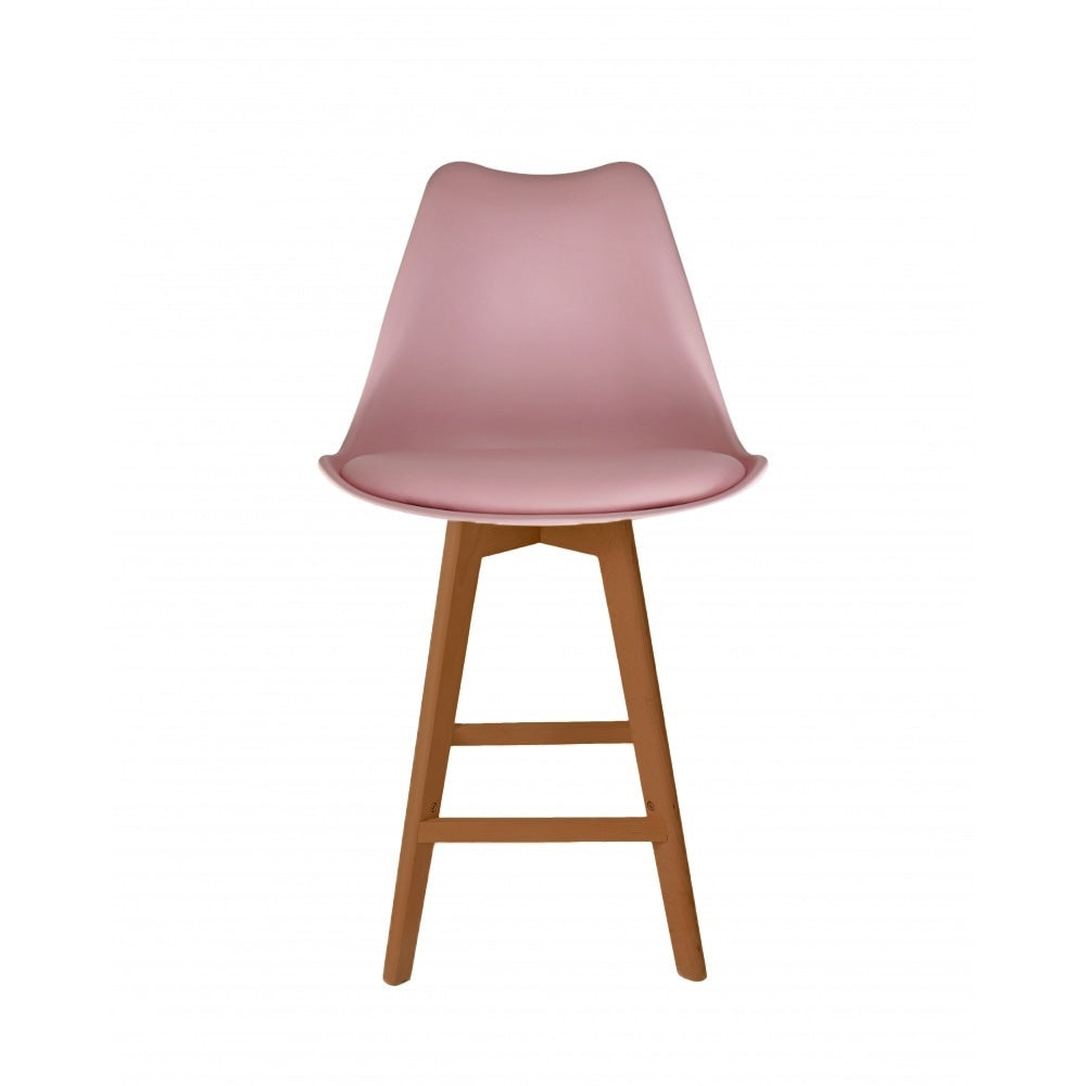 Soho Blush Pink Plastic Bar Stool with Medium Wood Legs