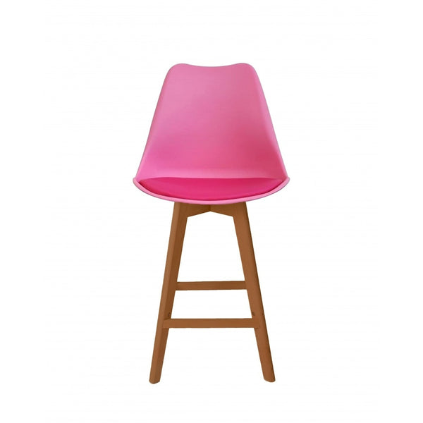 Soho Bright Pink Plastic Bar Stool with Medium Wood Legs