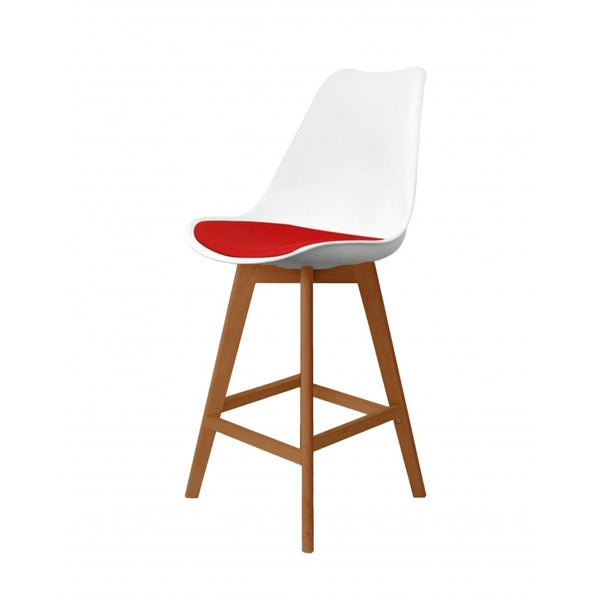 Soho White and Red Plastic Bar Stool with Medium Wood Legs