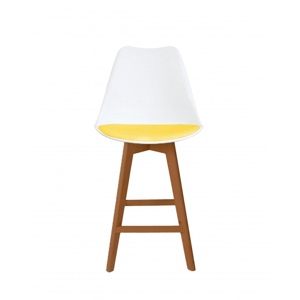Soho White and Yellow Plastic Bar Stool with Medium Wood Legs