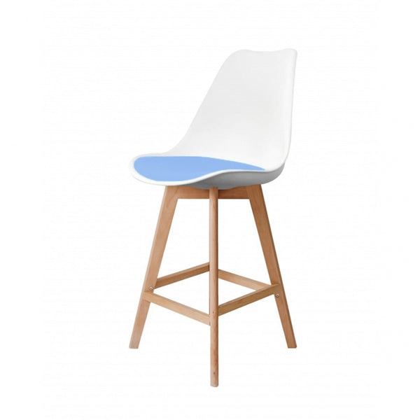 Soho White and Blue Plastic Bar Stool with Light Wood Legs