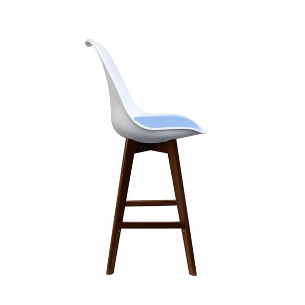 Soho White and Blue Plastic Bar Stool with Dark Wood Legs
