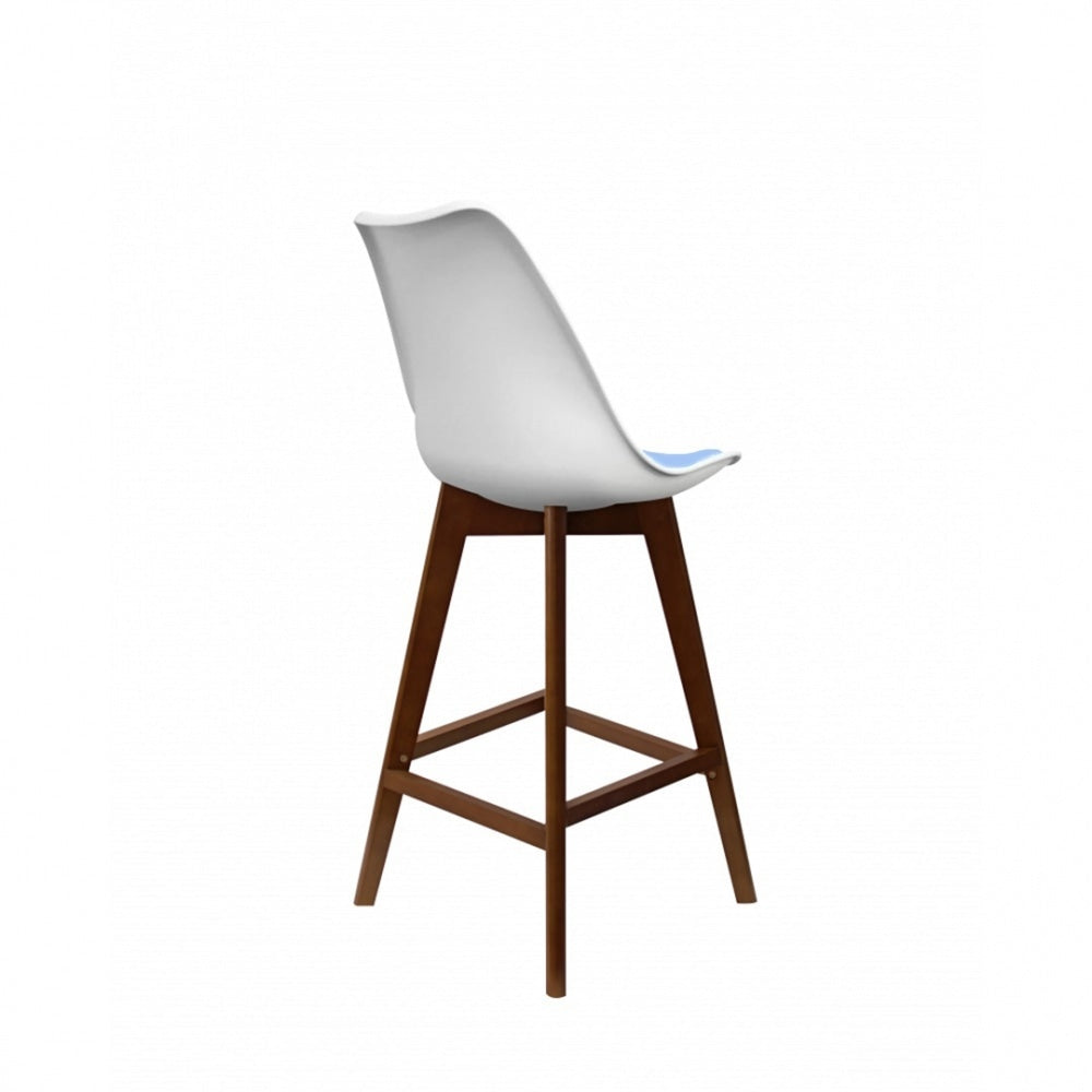 Soho White and Blue Plastic Bar Stool with Dark Wood Legs
