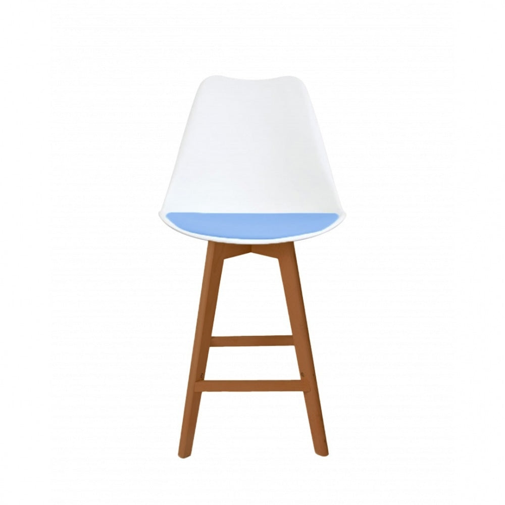 Soho White and Blue Plastic Bar Stool with Medium Wood Legs