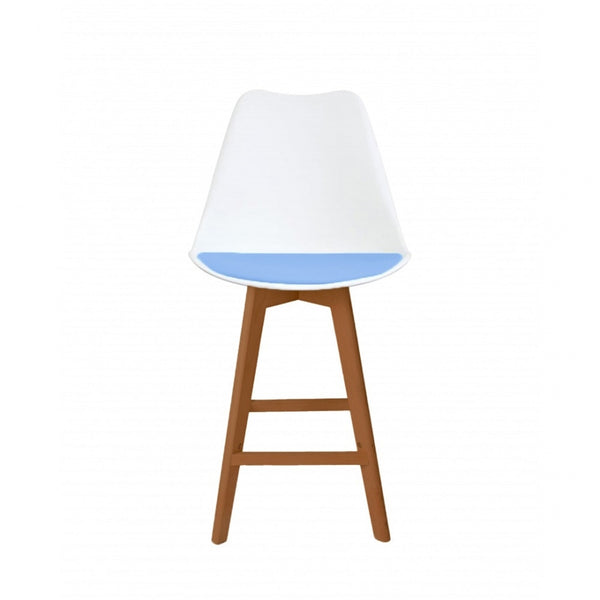 Soho White and Blue Plastic Bar Stool with Medium Wood Legs