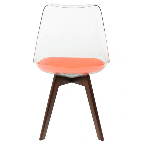 Soho Clear and Orange Plastic Dining Chair with Squared Dark Wood Legs
