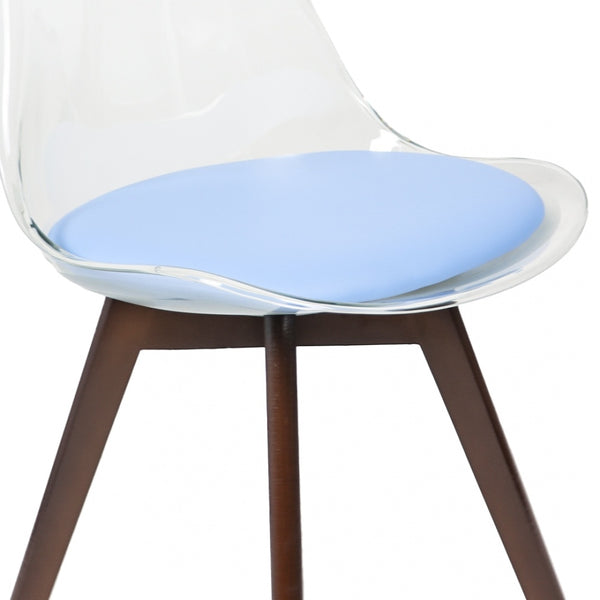 Soho Clear and Blue Plastic Dining Chair with Squared Dark Wood Legs