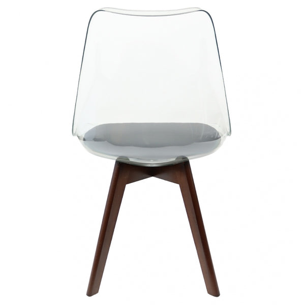 Soho Clear and Dark Grey Plastic Dining Chair with Squared Dark Wood Legs
