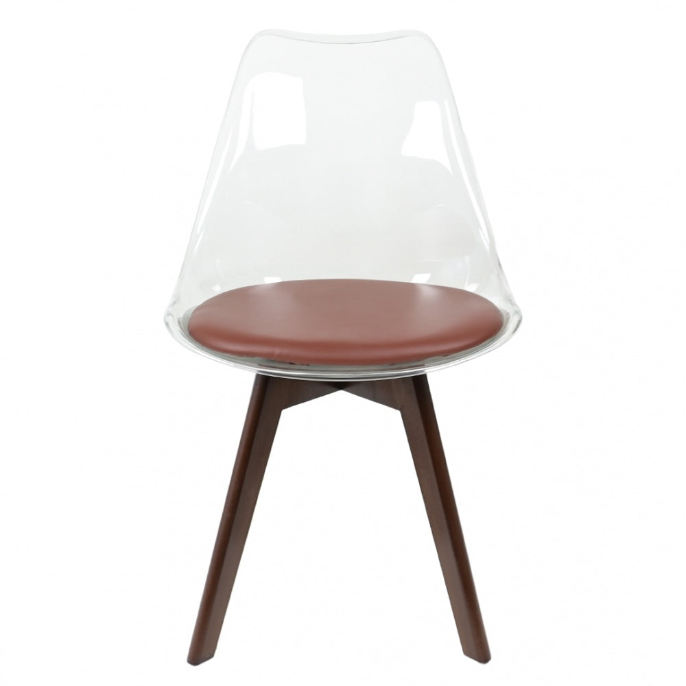 Soho Clear and Chocolate Plastic Dining Chair with Squared Dark Wood Legs