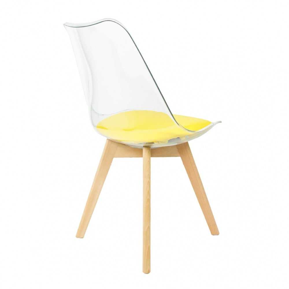 Soho Clear and Yellow Plastic Dining Chair with Squared Light Wood Legs