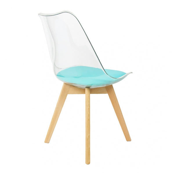 Soho Clear and Aqua Plastic Dining Chair with Squared Light Wood Legs