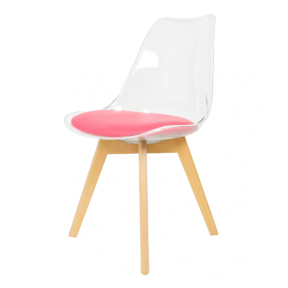 Soho Clear and Bright Pink Plastic Dining Chair with Squared Light Wood Legs