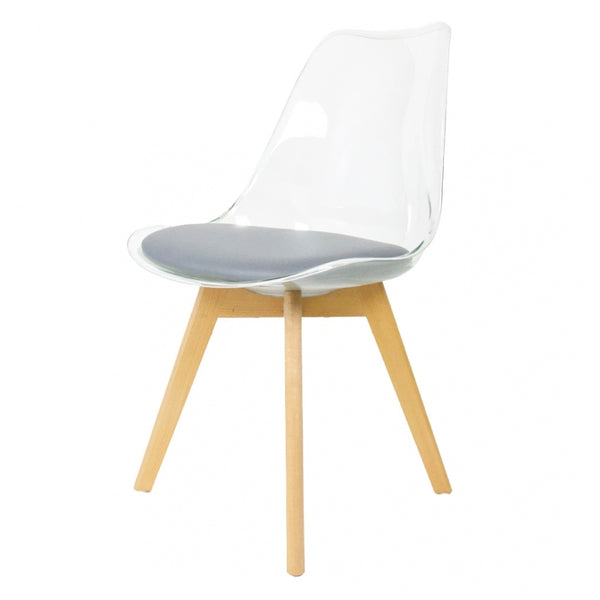 Soho Clear and Dark Grey Plastic Dining Chair with Squared Light Wood Legs