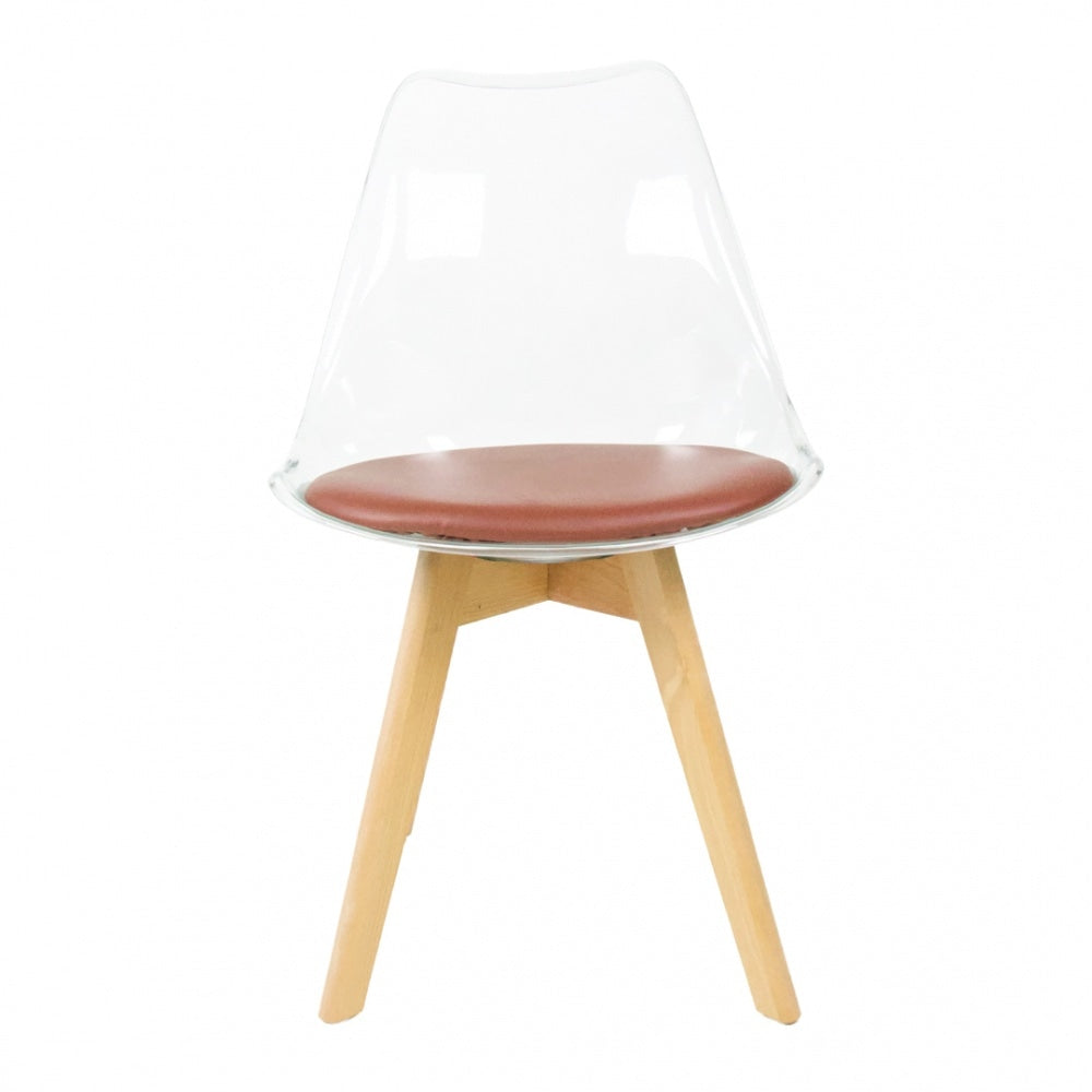 Soho Clear and Chocolate Plastic Dining Chair with Squared Light Wood Legs