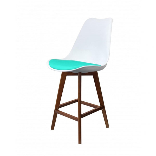 Soho White and Aqua Plastic Bar Stool with Dark Wood Legs
