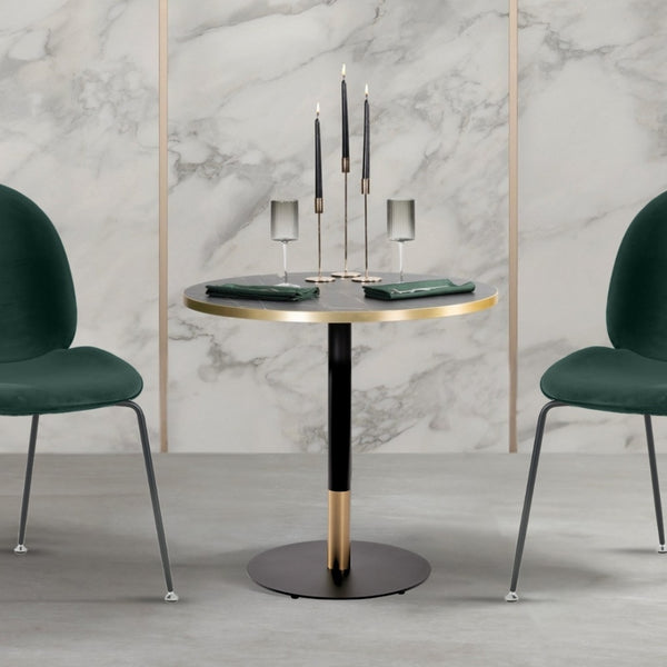 Omega Black Marble Laminate table top with Boston sleek Black and Gold base - Various sizes