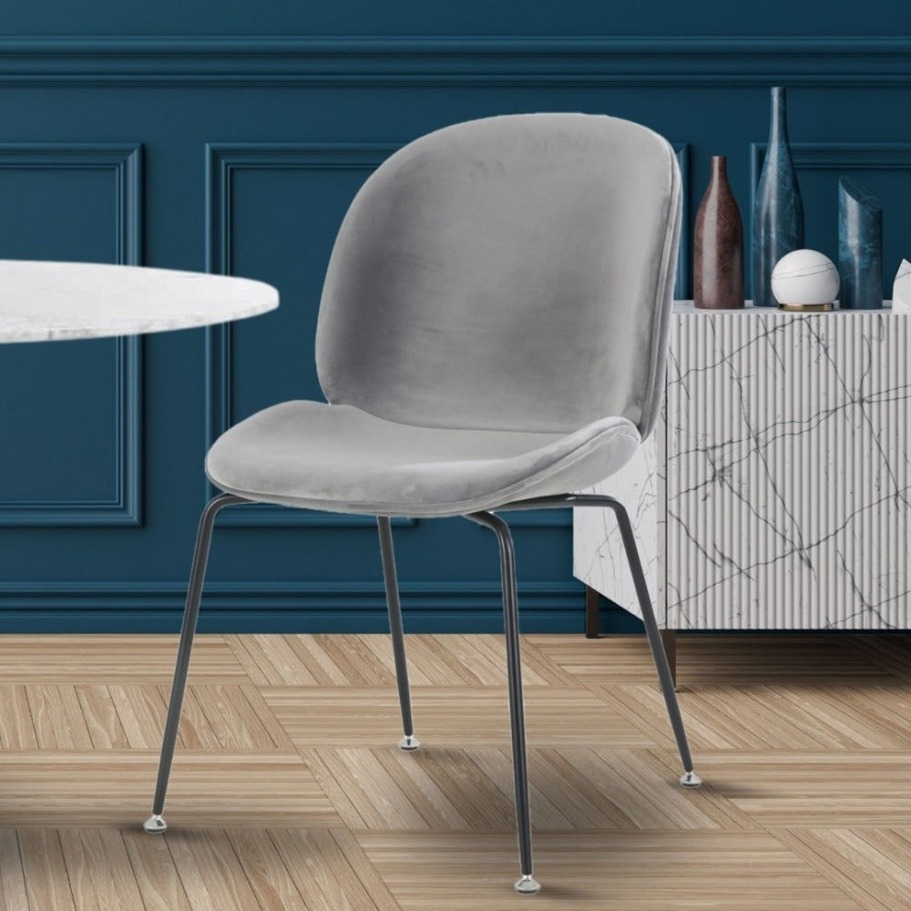 Luxurious Light Grey Velvet Dining Chair with Black Metal Legs