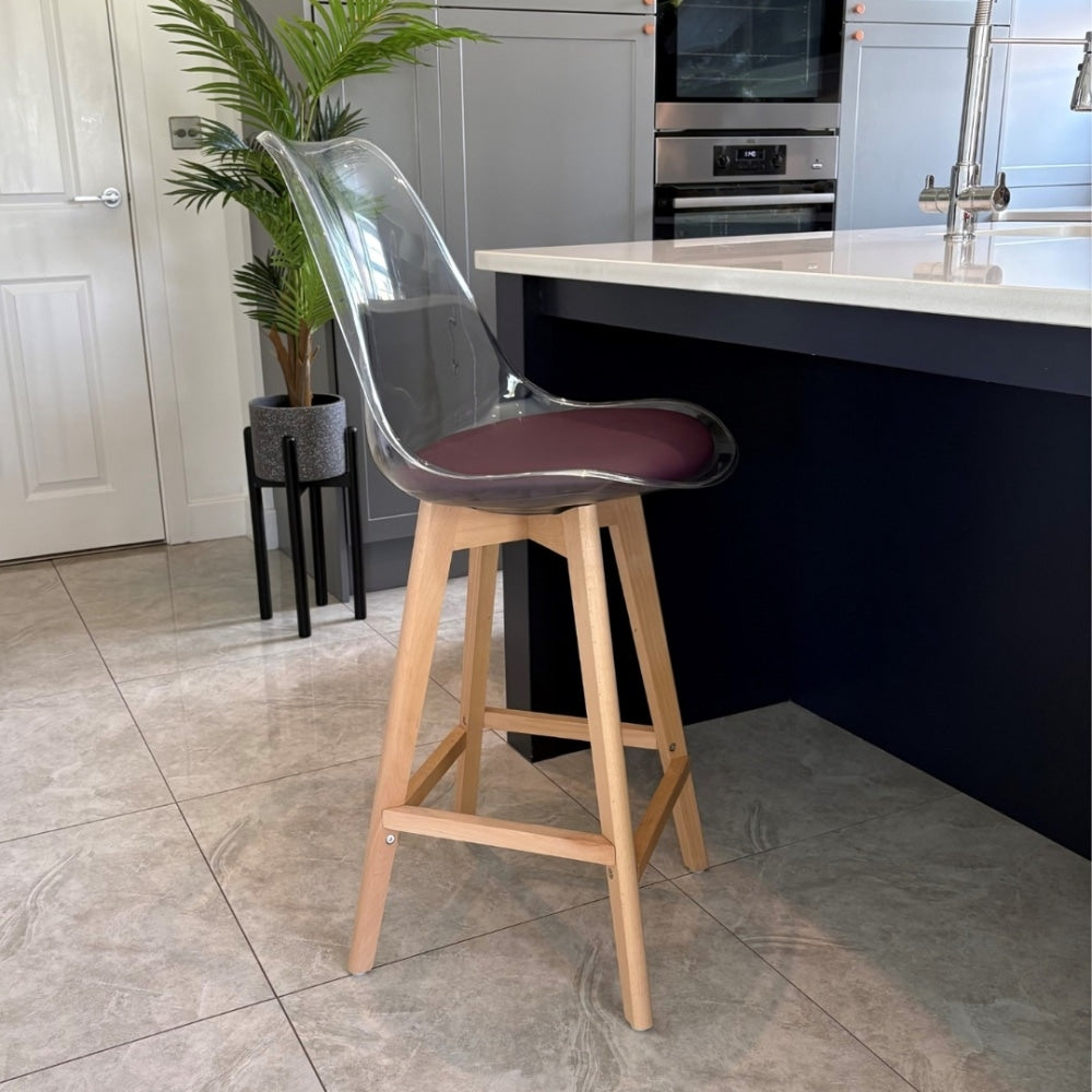 Soho Clear Aubergine Plastic Bar Stool Light Wood Legs
