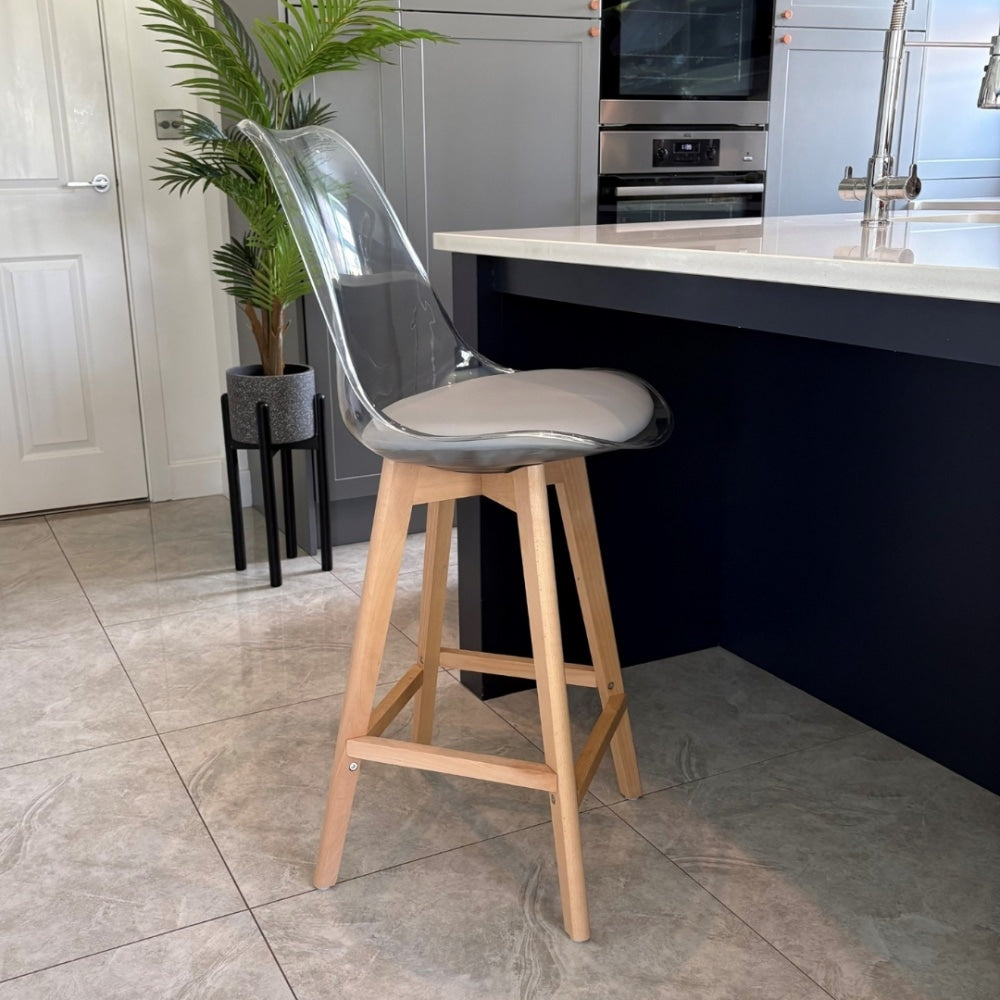 Soho Clear Light Grey Plastic Bar Stool Light Wood Legs