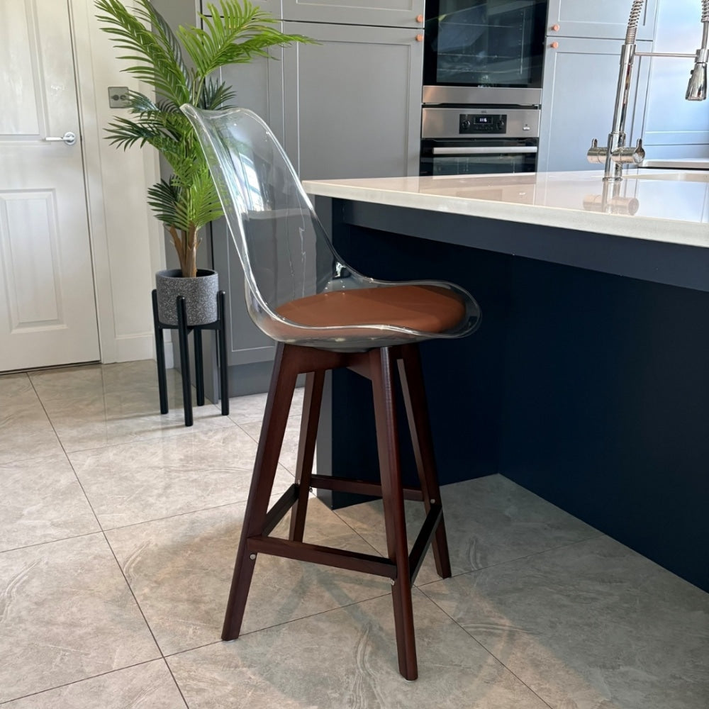 Soho Clear Chocolate Plastic Bar Stool Dark Wood Legs