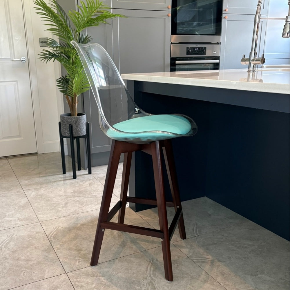 Soho Clear Aqua Plastic Bar Stool Dark Wood Legs