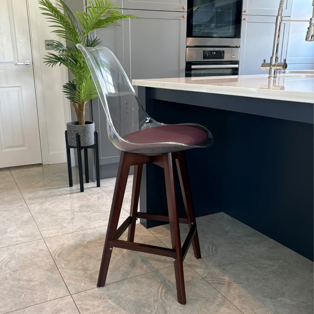 Soho Clear Aubergine Plastic Bar Stool Dark Wood Legs