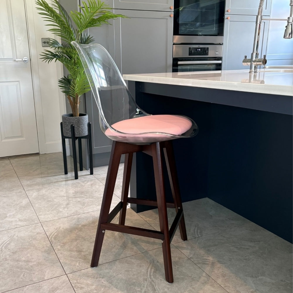 Soho Clear Blush Pink Plastic Bar Stool Dark Wood Legs