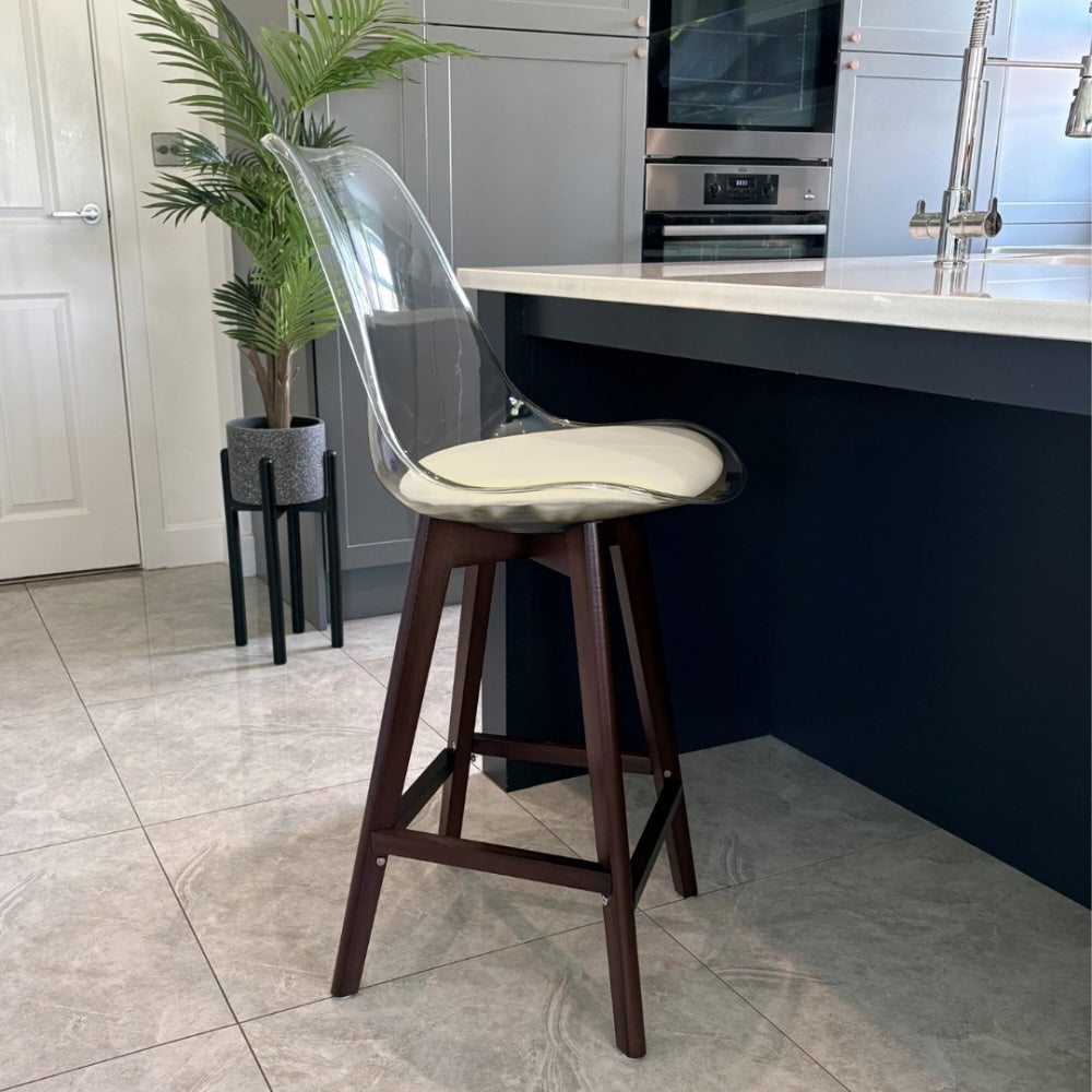 Soho Clear Vanilla Plastic Bar Stool Dark Wood Legs