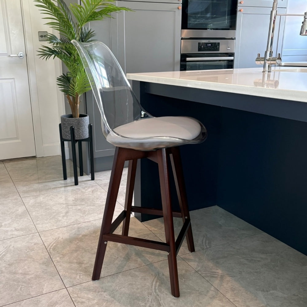 Soho Clear Light Grey Plastic Bar Stool Dark Wood Legs