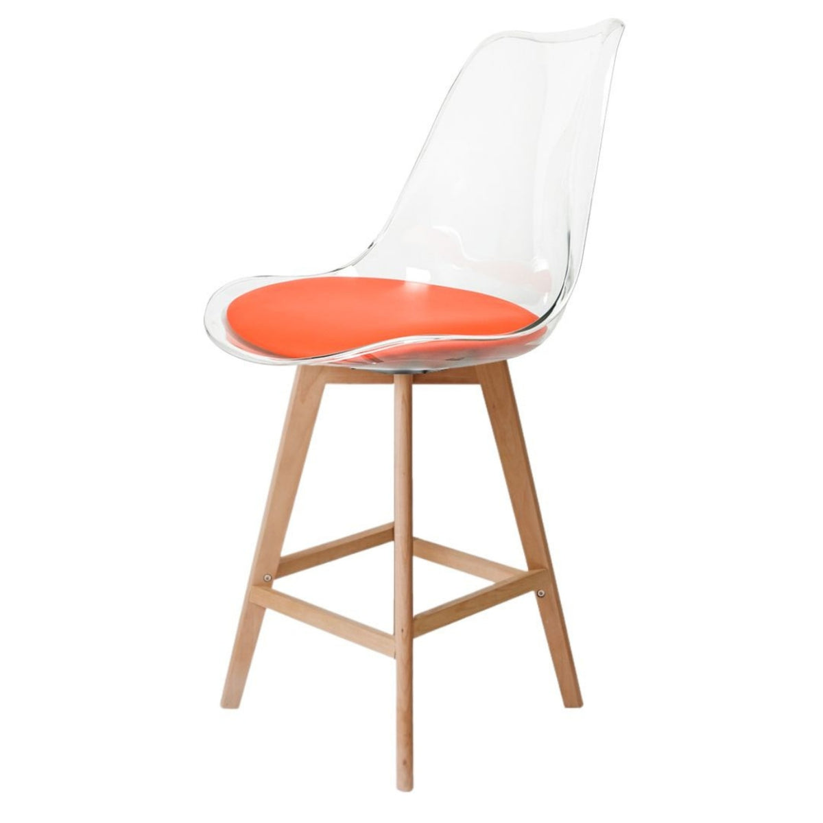 Soho Clear and Orange Plastic Bar Stool with Light Wood Legs