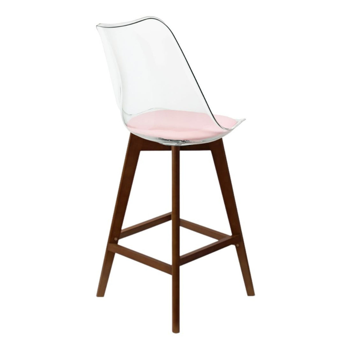 Soho Clear and Blush Pink Plastic Bar Stool with Dark Wood Legs