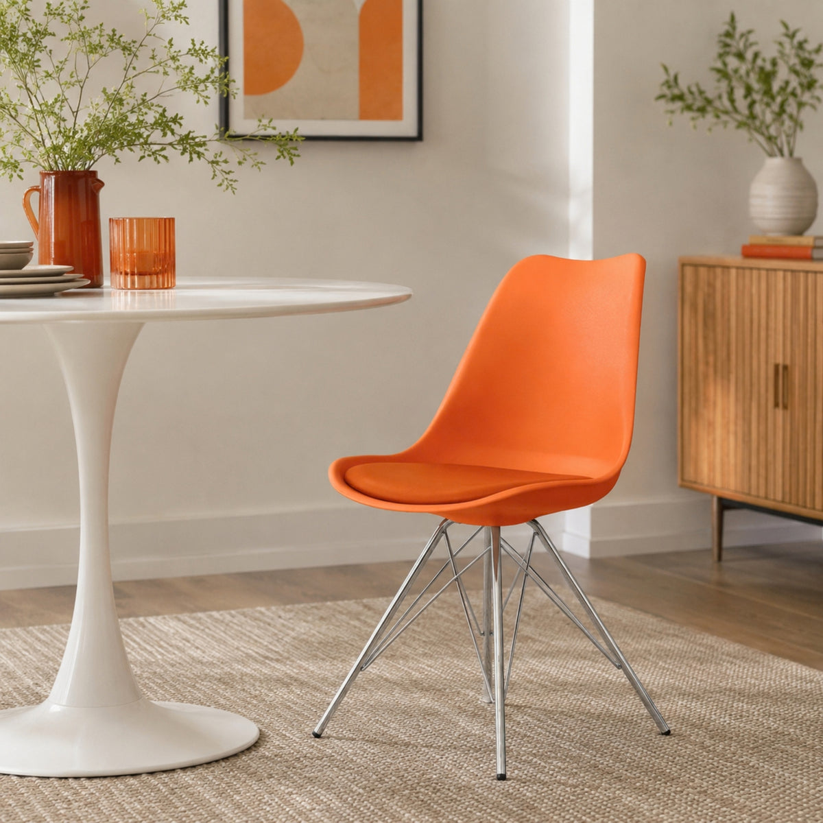 Soho Orange Plastic Dining Chair with Chrome Metal Legs
