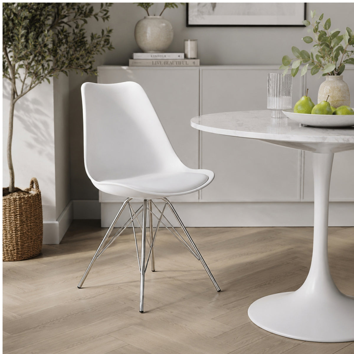 Soho White Plastic Dining Chair with Chrome Metal Legs