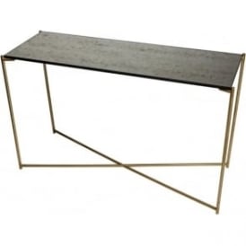 Antiqued Glass Large Console Table with Brass Cross Base