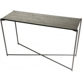 Antiqued Glass Large Console Table with Gun Metal Cross Base