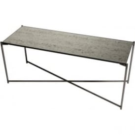 Antiqued Glass Low Console Media Table with Gun Metal Cross Base