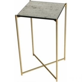 Antiqued Glass Square Lamp Table with Brass Cross Base