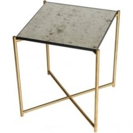 Antiqued Glass Square Side Table with Brass Cross Base
