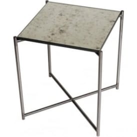 Antiqued Glass Square Side Table with Gun Metal Cross Base