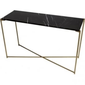 Black Marble Large Console Table with Brass Cross Base