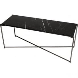 Black Marble Low Console Media Table with Gun Metal Cross Base