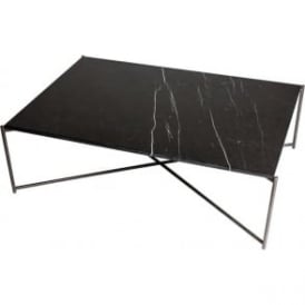 Black Marble Rectangular Coffee Table with Gun Metal Cross Base