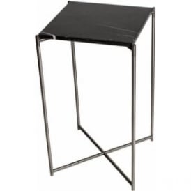 Black Marble Square Lamp Table with Gun Metal Cross Base