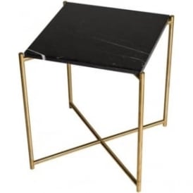 Black Marble Square Side Table with Brass Cross Base