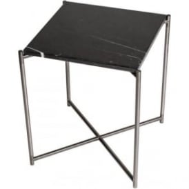 Black Marble Square Side Table with Gun Metal Cross Base