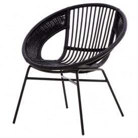 Black Natural Rattan Round Armchair With Black Iron Legs